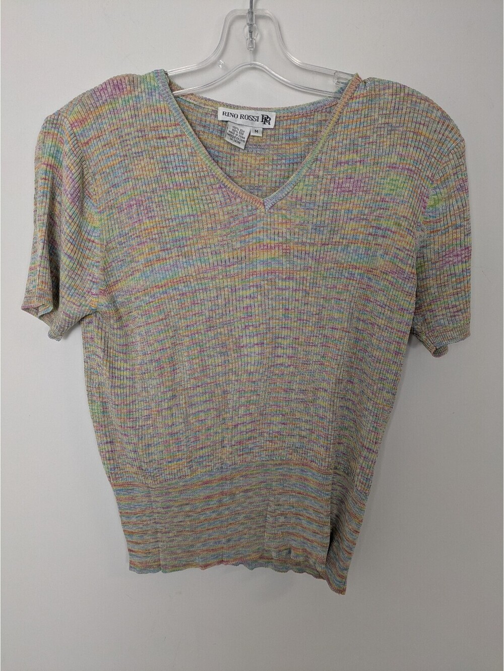Vintage Rino Rossi 100% Silk Pastel Space Dye Ribbed Knit Short Sleeve Sweater M
